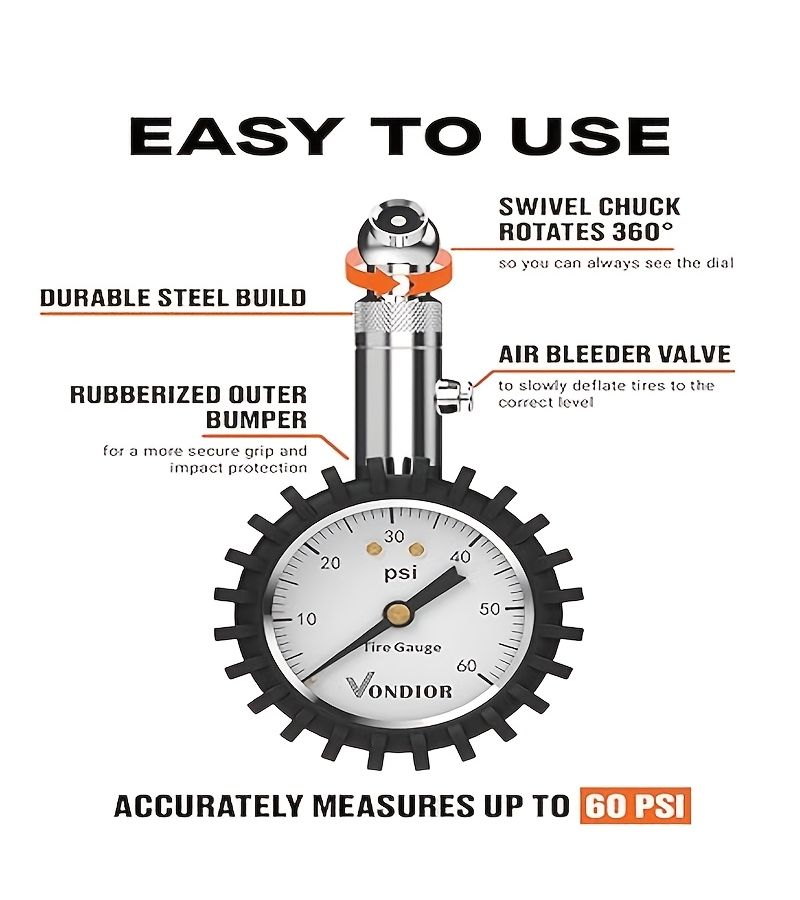 Heavy Duty Tire Pressure Gauge 0 60 PSI With ANSI Precision Certification 2 Inch Luminous Dial Easy To Read Low Profile Barometer Short Valve Silvery For Car And Truck Tires - Image 3