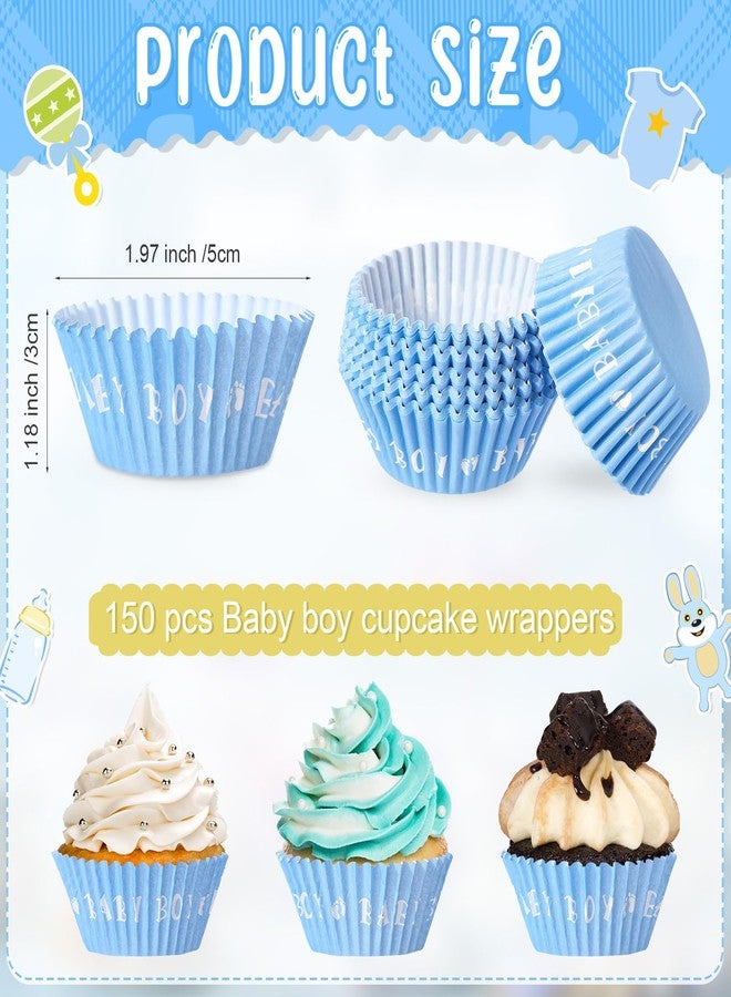 Suttmin 100 Pcs Baby Boy Cupcake Toppers Baby Shower Cupcake Decorations with 150 Pcs Blue Cake Liners Wrappers for Gender Reveal Boys First Birthday Party Supplies Favors - Image 2