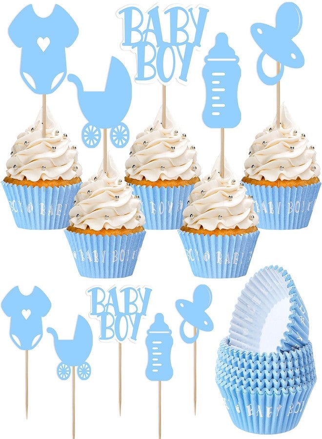 Suttmin 100 Pcs Baby Boy Cupcake Toppers Baby Shower Cupcake Decorations with 150 Pcs Blue Cake Liners Wrappers for Gender Reveal Boys First Birthday Party Supplies Favors - Image 1
