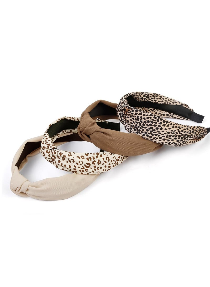 Huachi Knotted Fashion Hairbands and Hair Hoops: Non-Slip Top Knot Headbands with Leopard Print for Women and Girls - 4PCS Beige Brown Hair Accessories Set - Image 1