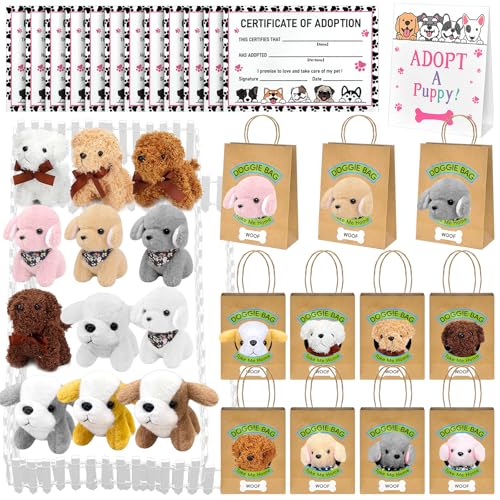 Jiytivity 38 Pcs Adopt a Puppy Party Favors Include 12 Pcs Mini Stuffed Dogs 12 Pcs Kraft Paper Gift Bags 12 Pcs Adopt Cards 1 Adopt Sign 1 Fence for Adopt a Dog Party Favor Supplies Pet Birthday Gifts - Image 1