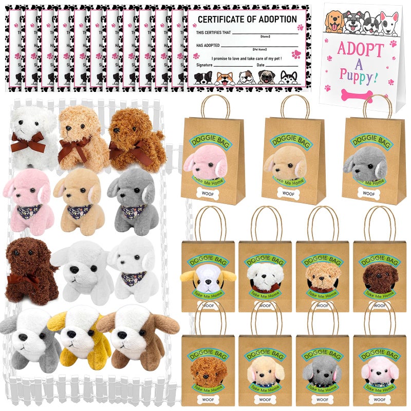 Jiytivity 38 Pcs Adopt a Puppy Party Favors Include 12 Pcs Mini Stuffed Dogs 12 Pcs Kraft Paper Gift Bags 12 Pcs Adopt Cards 1 Adopt Sign 1 Fence for Adopt a Dog Party Favor Supplies Pet Birthday Gifts - Image 3