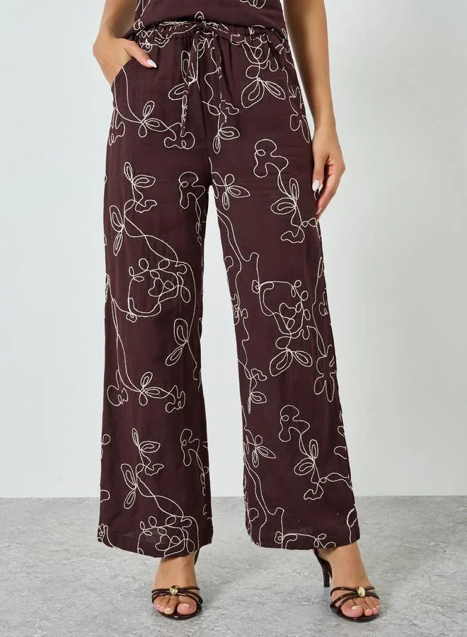 Styli Brown Embroidered Wide Leg Pants