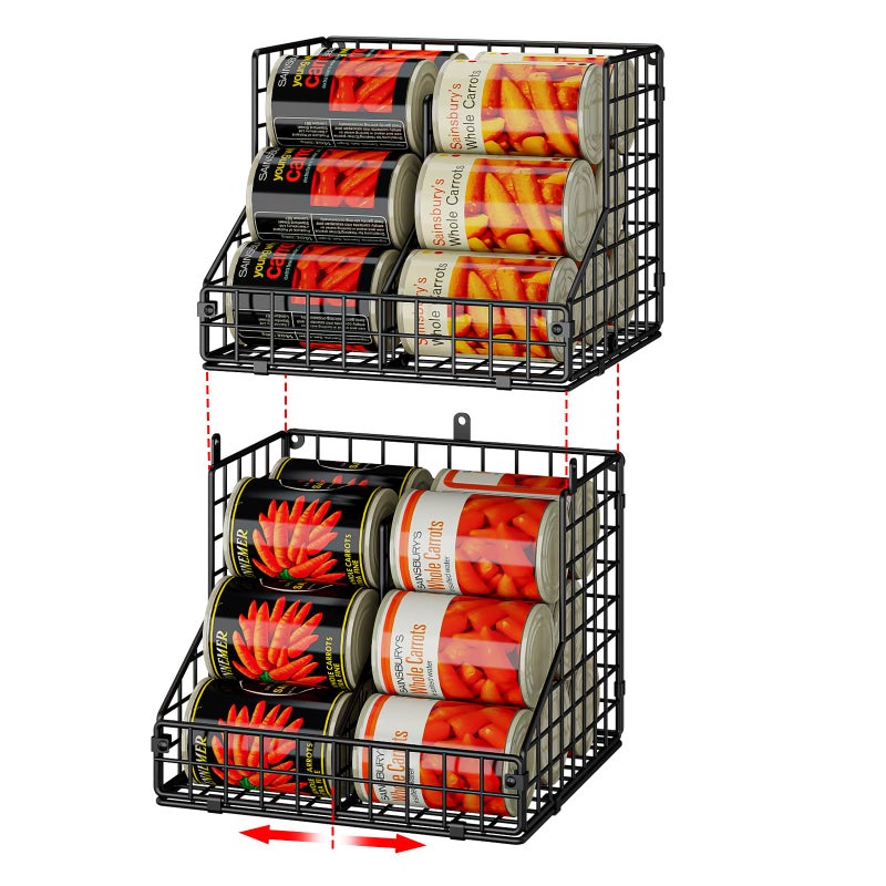 JKsmart Stackable Can Organizer for Pantry with 2 Adjustable Dividers, Soda Can Organizer, Can Storage Dispenser Holds up to 28 Cans, 2 tier Metal Wire Baskets Can Holder for Kitchen Cabinet Pantry, Black - Image 1