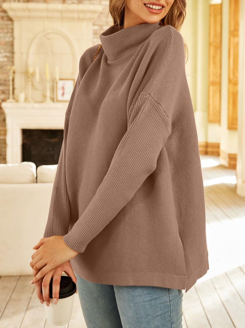 LILLUSORY Women's Mock Turtleneck Sweaters Oversized Long Sleeve Casual Knit Pullover 2025 Tunic Tops Wear with Leggings DarkApricot L - Image 3