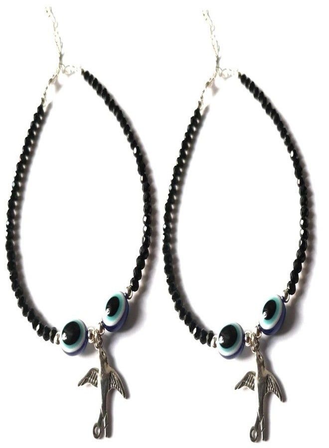 Jyokrish Handmade white Metal black Beads hanging Bird evil eye chain anklet For Women | girls | Nazariya| |Payal | Nazar Battu | Pair of 1 |free size - Image 2