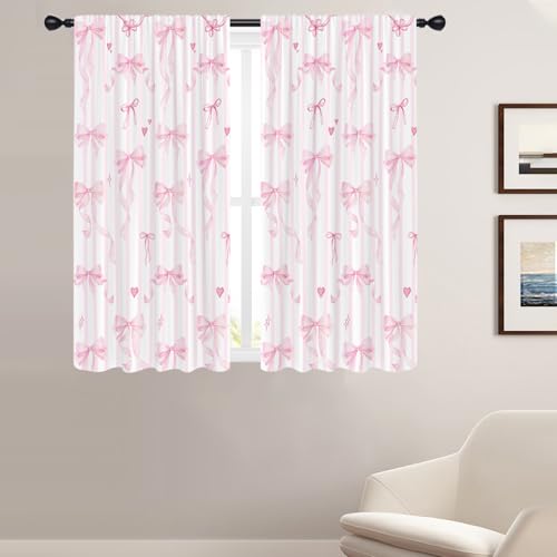 Coxila 2 Pcs Pink Bow Curtains for Girls Room 42 x 63 Inch Rod Pocket White Drapes Coquette Aesthetic Kawaii Decor for Kids Bedroom Nursery Window Treatment Preppy Princess Party Backdrop - Image 1