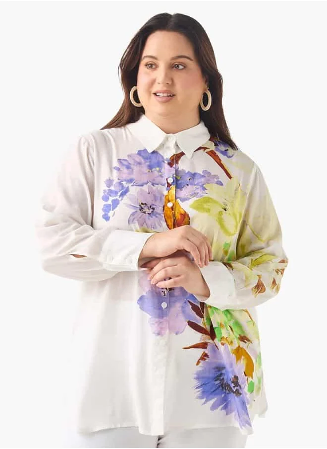 Ulla Popken Plus Size Ulla Popken Regular Fit Floral Print Shirt with Collar and Long Sleeves