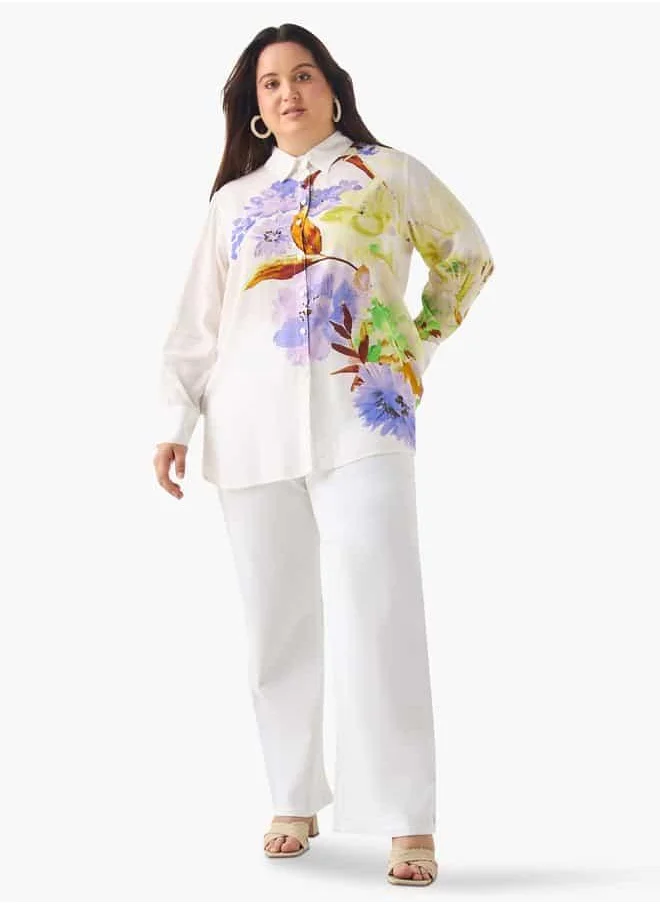 Ulla Popken Plus Size Ulla Popken Regular Fit Floral Print Shirt with Collar and Long Sleeves