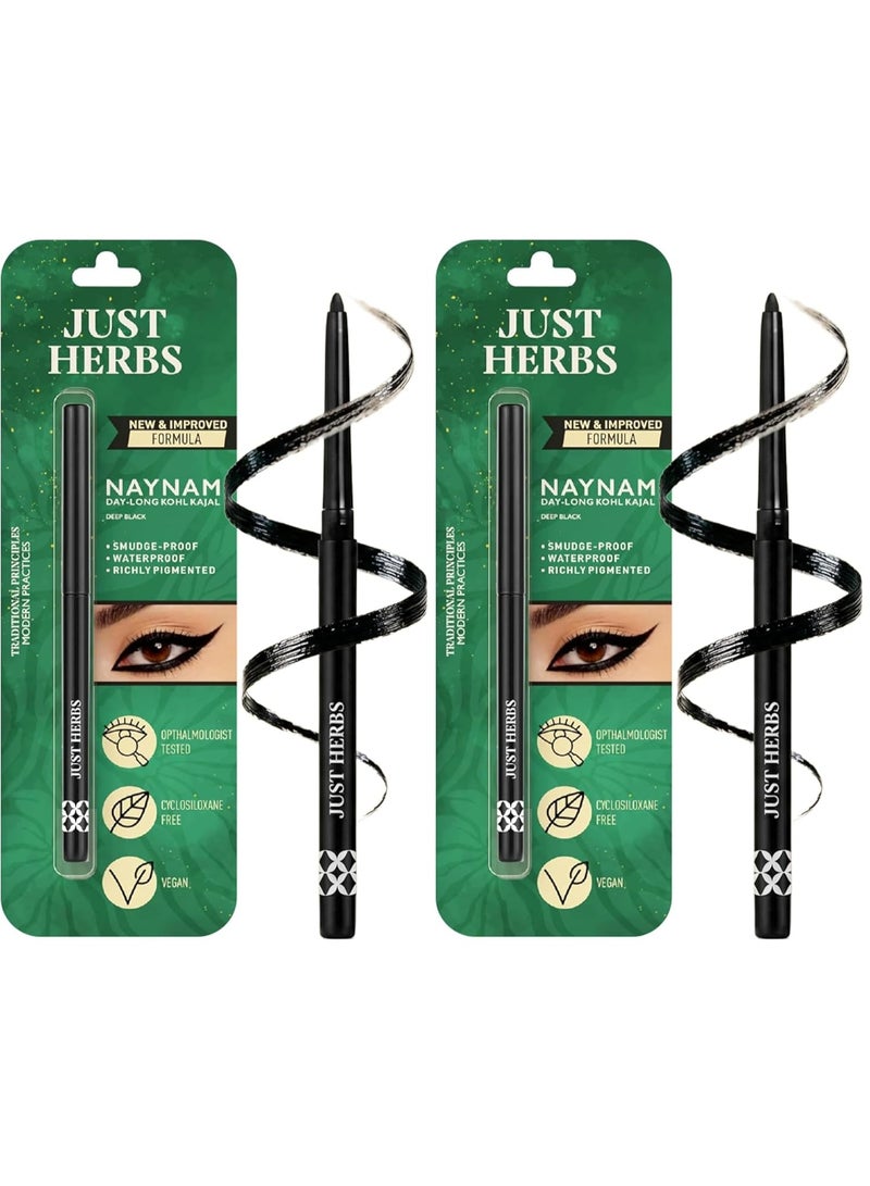 Just Herbs Retractable 2 in 1 Herbal Eyeliner + Matte Kajal with Almond Oil & Vitamin E, 11 Hour Stay, Singlestroke, Smudgeproof & Fadeproof - Deep Black 0.3g (Pack of 2) - Image 1
