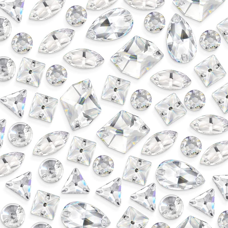 Sew on Rhinestones 48Pcs Mixed Shape Flat Back Crystal Rhinestones with 2 Holes Sewing Glass K9 Gems Rhinestone for CraftsClothes CraftsDressCostumeGarment Clear White