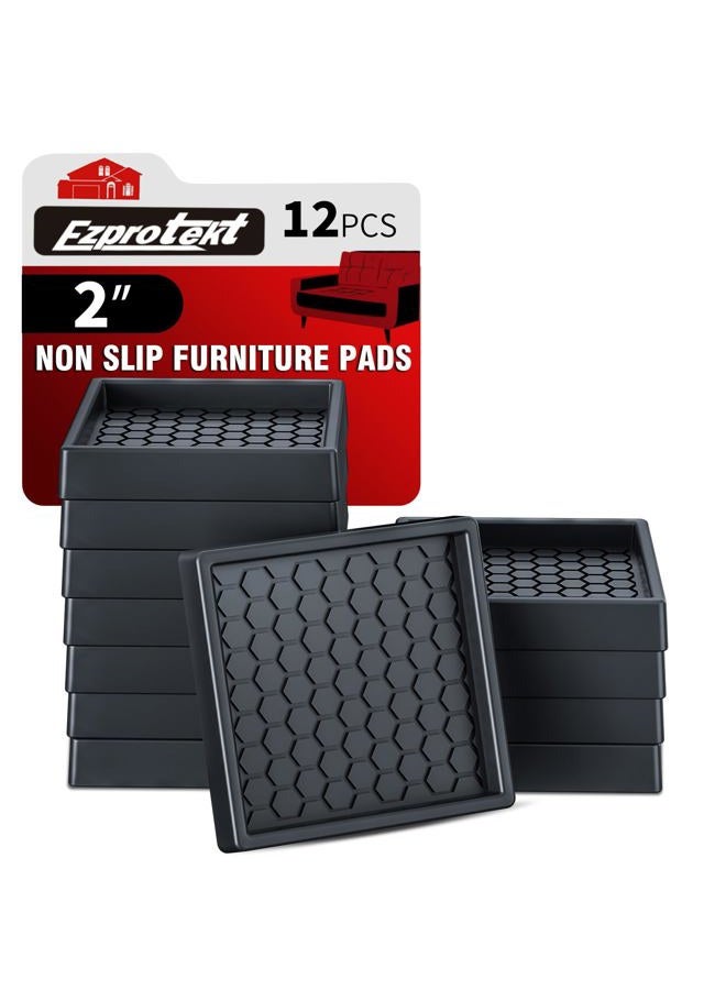 Ezprotekt Non Slip Furniture Coasters - 2” Non Skid Furniture Pads for Hardwoods Floors, 12 PCS Square Rubber Furniture Caster Cups, Anti Slide Furniture Feet Floor Protectors for Bed Couch Chair Desk (Black) - Image 1