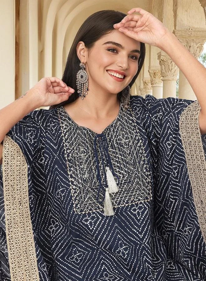 ISHIN Women's Navy 100% Cotton Embellished Tunic Top With Ankle Palazzo Flared 3 Peice Kurta Set