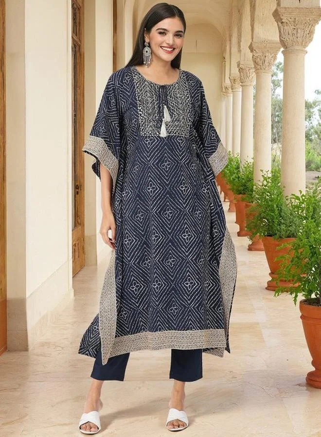 آي شين Women's Navy 100% Cotton Embellished Tunic Top With Ankle Palazzo Flared 3 Peice Kurta Set