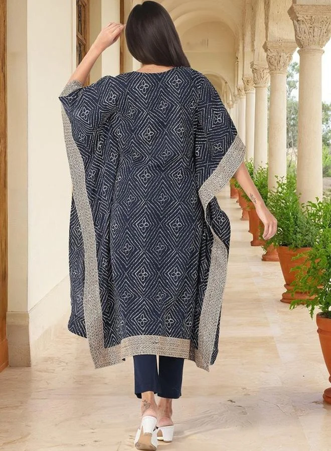 ISHIN Women's Navy 100% Cotton Embellished Tunic Top With Ankle Palazzo Flared 3 Peice Kurta Set