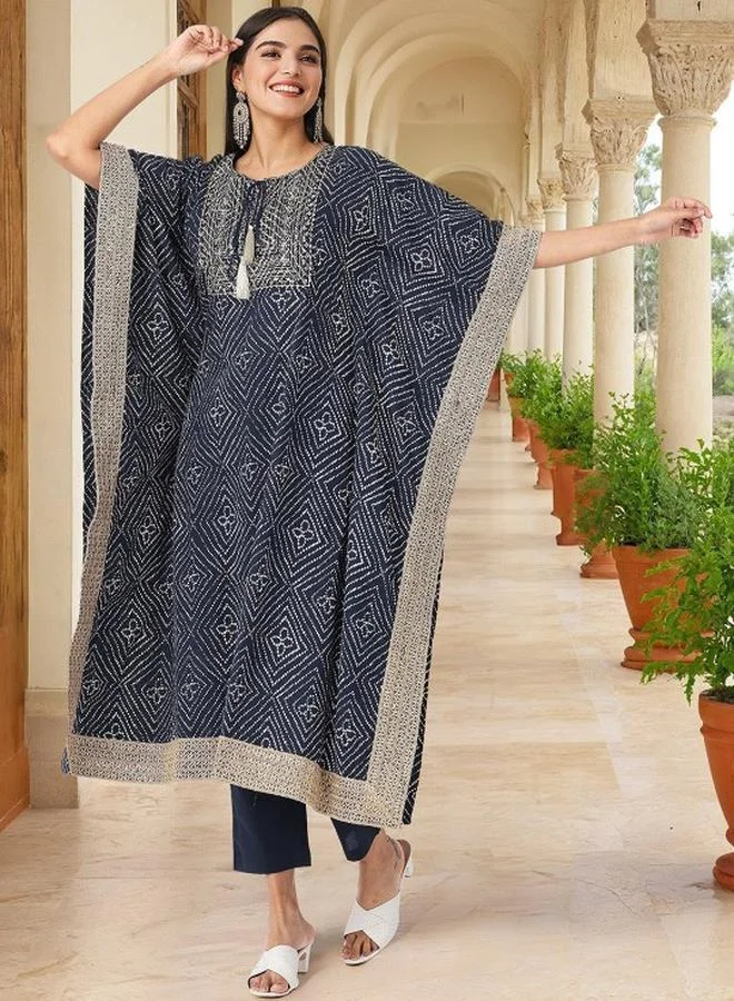 ISHIN Women's Navy 100% Cotton Embellished Tunic Top With Ankle Palazzo Flared 3 Peice Kurta Set