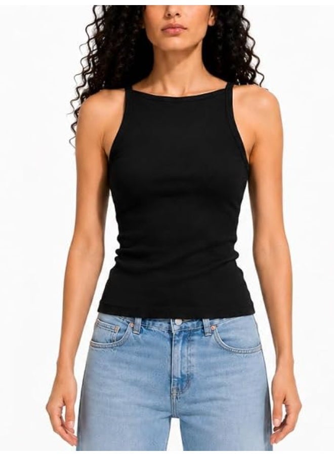 Nileton Women's Basic Ribbed Knit - Cotton Boat Neck Tank Top - Slim Fit Sleeveless Stretchy Fitted Casual Everyday Tank - Image 2