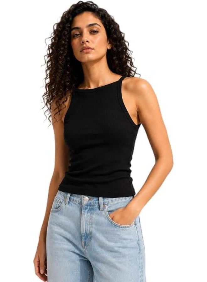 Nileton Women's Basic Ribbed Knit - Cotton Boat Neck Tank Top - Slim Fit Sleeveless Stretchy Fitted Casual Everyday Tank - Image 1