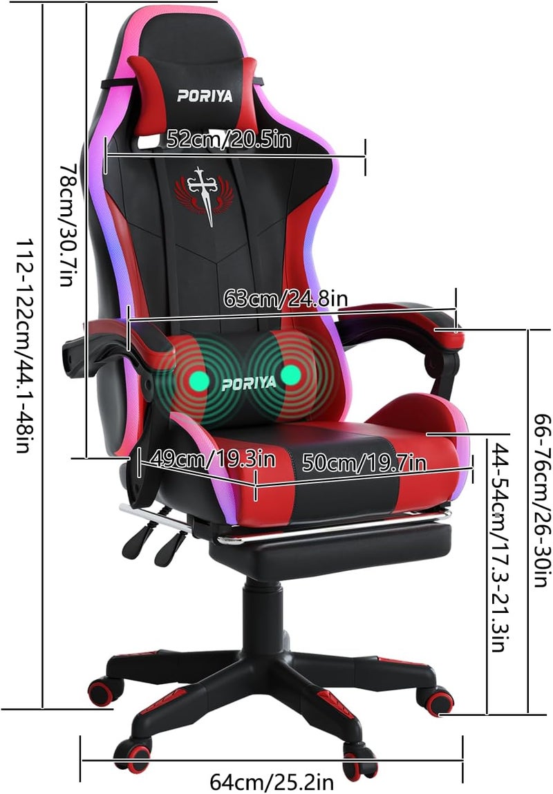 Gaming Chair with Adjustable Backrest, Ergonomic Executive Office Chair, Height Adjustable Racing Chair Maximum Gaming Experience (RED Massage&LED) - Image 2