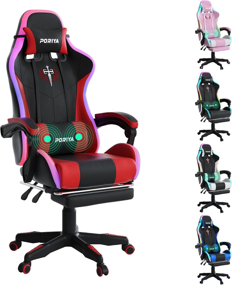 Gaming Chair with Adjustable Backrest, Ergonomic Executive Office Chair, Height Adjustable Racing Chair Maximum Gaming Experience (RED Massage&LED) - Image 1