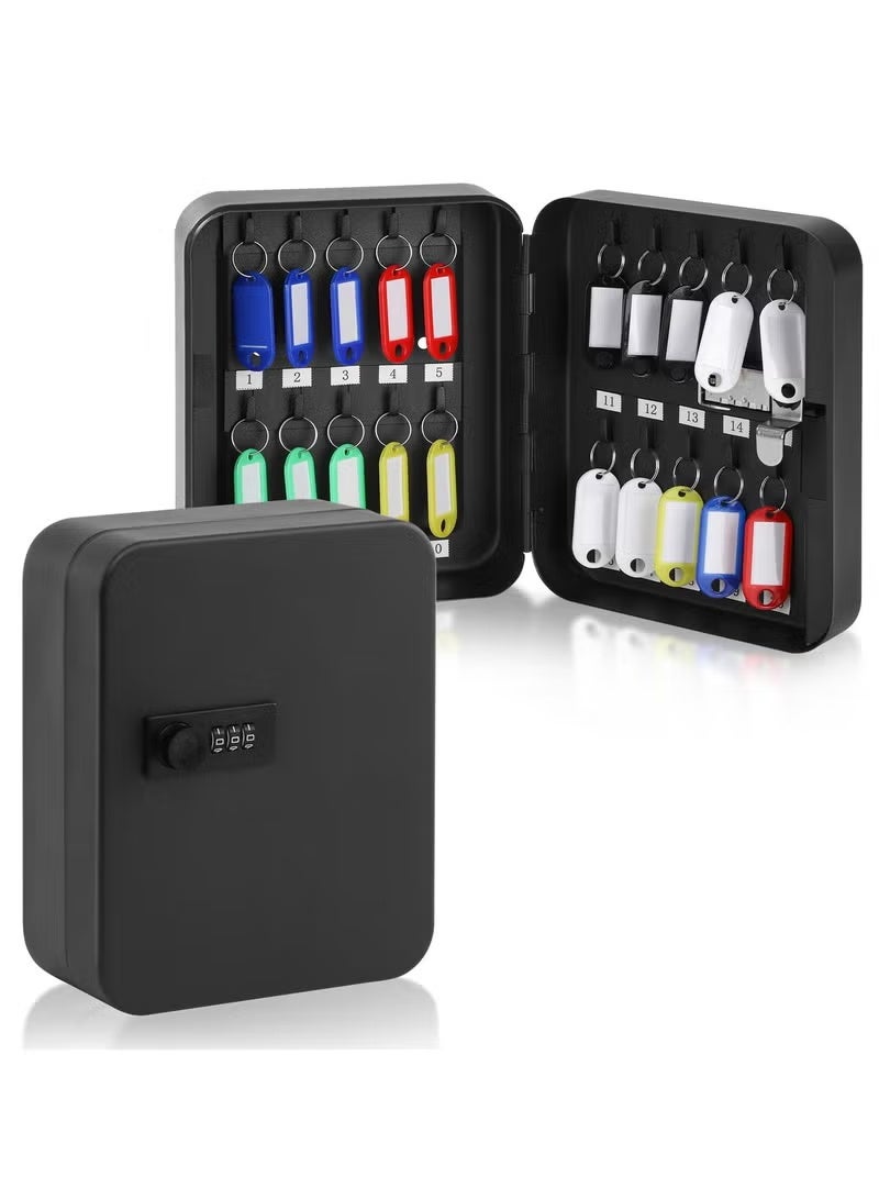 WALALLA 20-Key Digital Key Cabinet with Resettable Combination Lock - Steel Security Storage Box with Colorful Tags & Hooks, Wall Mount Key Organizer (16×8×20cm, Black) - Image 1