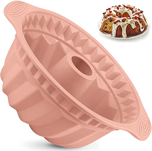 Kenond 9.5 Inch Silicone Cake Pans, Non-stick Fluted Cake Pan with Sturdy Handle, Cake Baking Molds,Perfect Bakeware for Cake, Jello, Gelatin, Bread, Para Gelatinas (Pink) - Image 1