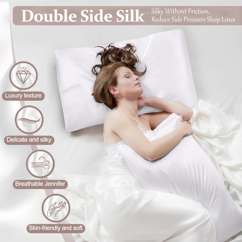 Kinself 100% Pure Silk Pillowcase for Hair and Skin, Both Sides Mulberry Silk Pillowcases with Hidden Zipper, Cooling Pillowcase 19 Momme, 600 Thread Silk Pillow Cases Standard Size, 2PCS, White - Image 2