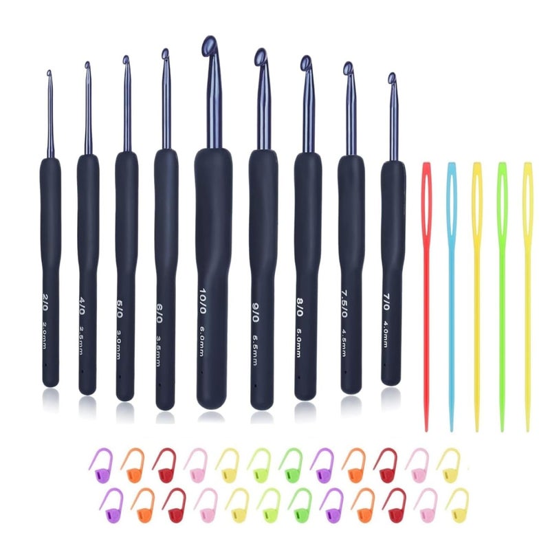 LeafLoom 9pcs Crochet Hooks Set Aluminium Soft Grip Rubber Handle Needles with 10 Knitting Crochet Locking Stitch Markers Craft Yarn Sewing Tools - Image 1