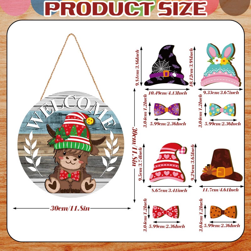 GlikCeil 33 Pcs Holiday Interchangeable Highland Cow Welcome Sign Highland Cow Seasonal Wooden Hanging Door Decor Interchangeable Holiday Door Sign for Winter Valentines Party Decor(Colorful Grain) - Image 2