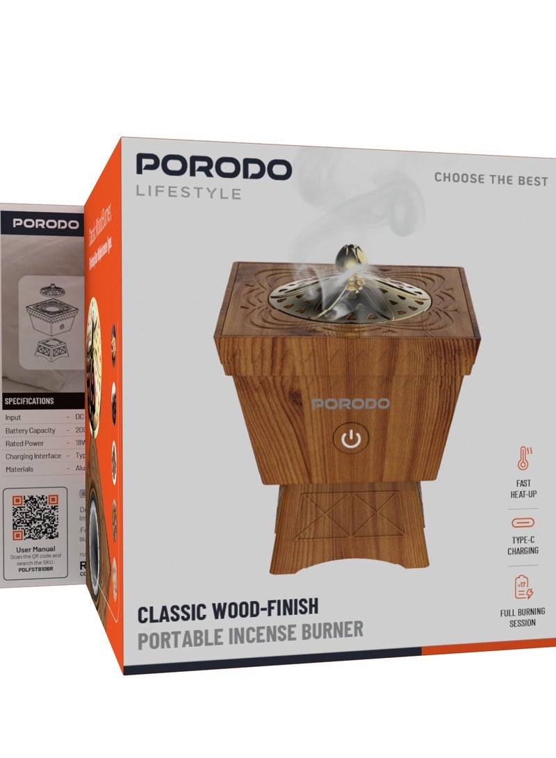 بورودو مبخرة بخور محمولة كلاسيكية من لايف ستايل بلمسة نهائية خشبية / شحن من النوع C / تسخين سريع / جلسة احتراق كاملة / بخور على الطراز الكلاسيكي / ميزة أمان الإيقاف التلقائي / تشغيل هادئ للغاية / 17 جلسة بخور كاملة لكل شحنة كاملة - لون بني بحبيبات خشبية - Image 3