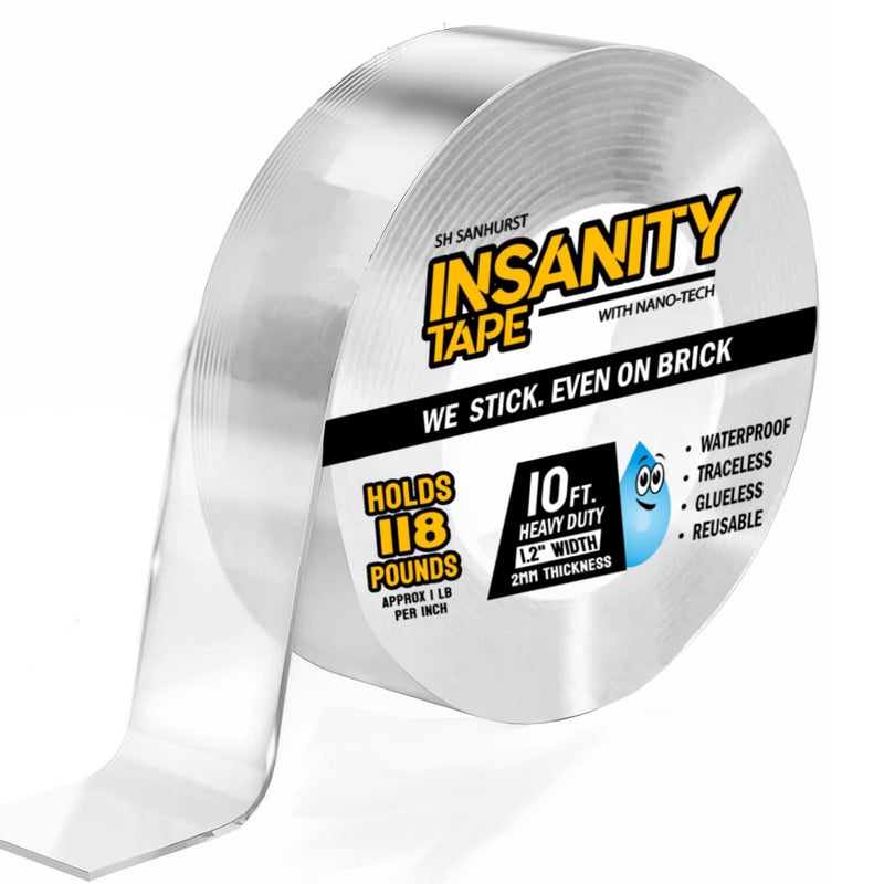 Insanity Tape Insanity Heavy Duty Double Sided Mounting Tape Reusable Traceless Nano Gel Adhesive - Hang Pictures, Posters, Doorbell Cameras - Weatherproof - Hold Carpets, Mats & Rugs - Safe for Hardwood Floors - Image 1