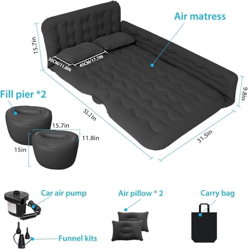 ISWEES Car Bed SUV Air Mattress Car Air Mattress with Electric Pump 2 Inflatable Pillows and 2 Footrests for Back Seat Side SeatTrunk Sleeping Thickened Camping Bed Black - Image 3