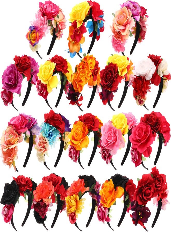 Xinnun 18 Pcs Mexican Rose Flower Crown Headband Easter Mardi Gras Headpiece Cosplay Headgear for Party - Image 1