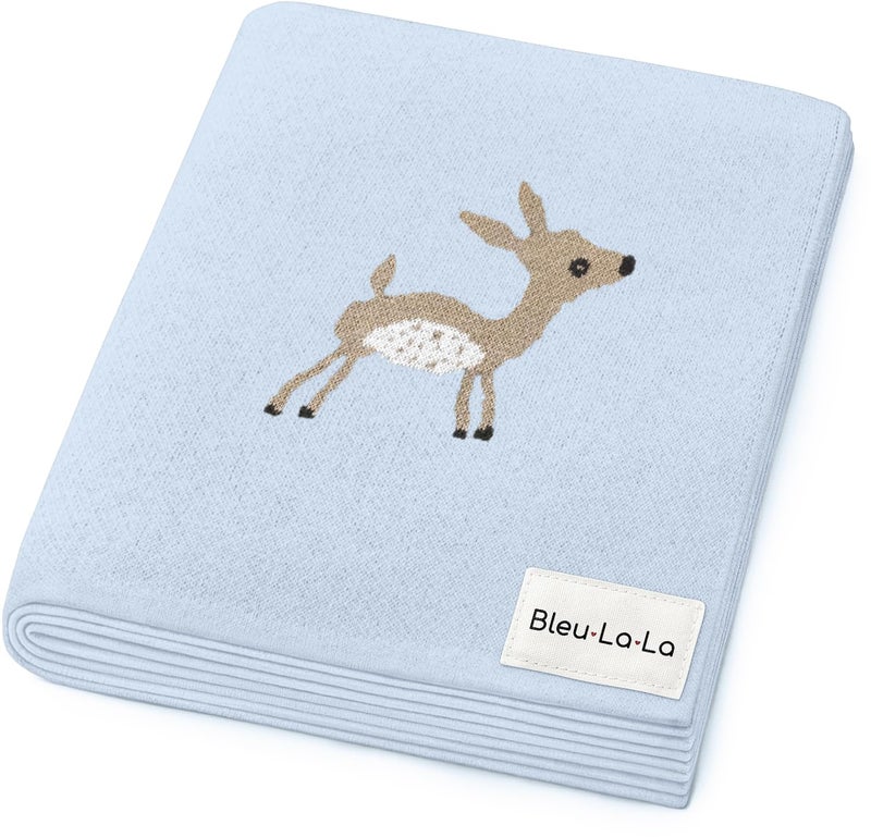 Bleu La La Knit Baby Swaddle Blanket - 100% Cotton Soft Cozy Receiving Swaddle Stroller Blanket for Shower Gift Registry for Newborns, Infants, Toddlers (Deer - Blue) - Image 1