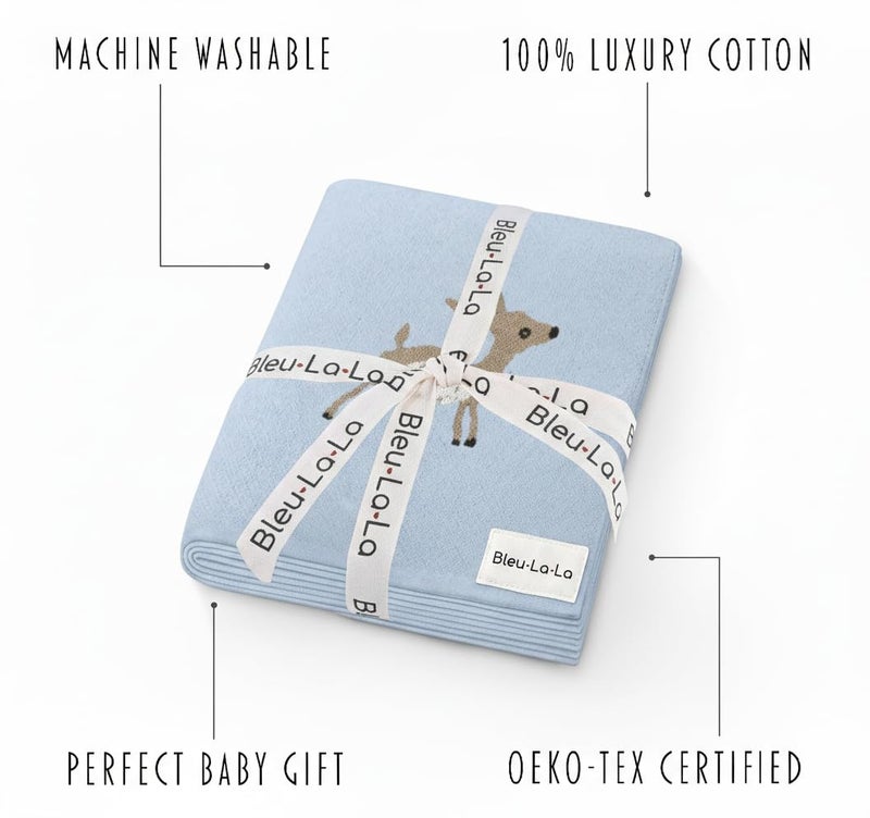 Bleu La La Knit Baby Swaddle Blanket - 100% Cotton Soft Cozy Receiving Swaddle Stroller Blanket for Shower Gift Registry for Newborns, Infants, Toddlers (Deer - Blue) - Image 3