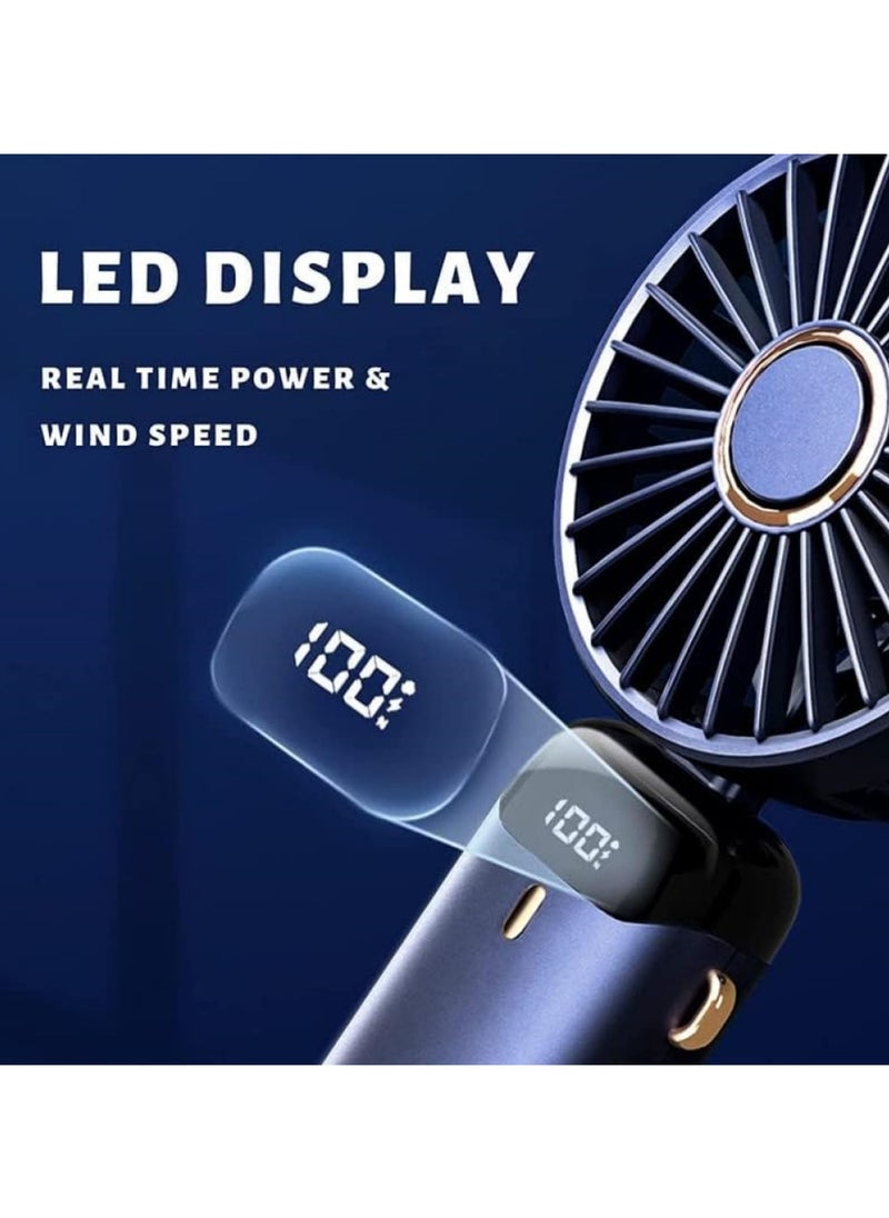 Portable Handheld Fan, 6000mAh USB Rechargeable Personal Fan, 5 Speeds 90° Foldable Mini Desk Fan with Led Digital Display, Multi-Function USB Fan for Outdoor Indoor