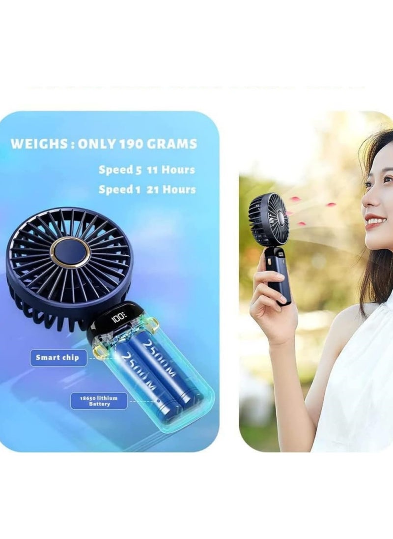 Portable Handheld Fan, 6000mAh USB Rechargeable Personal Fan, 5 Speeds 90° Foldable Mini Desk Fan with Led Digital Display, Multi-Function USB Fan for Outdoor Indoor