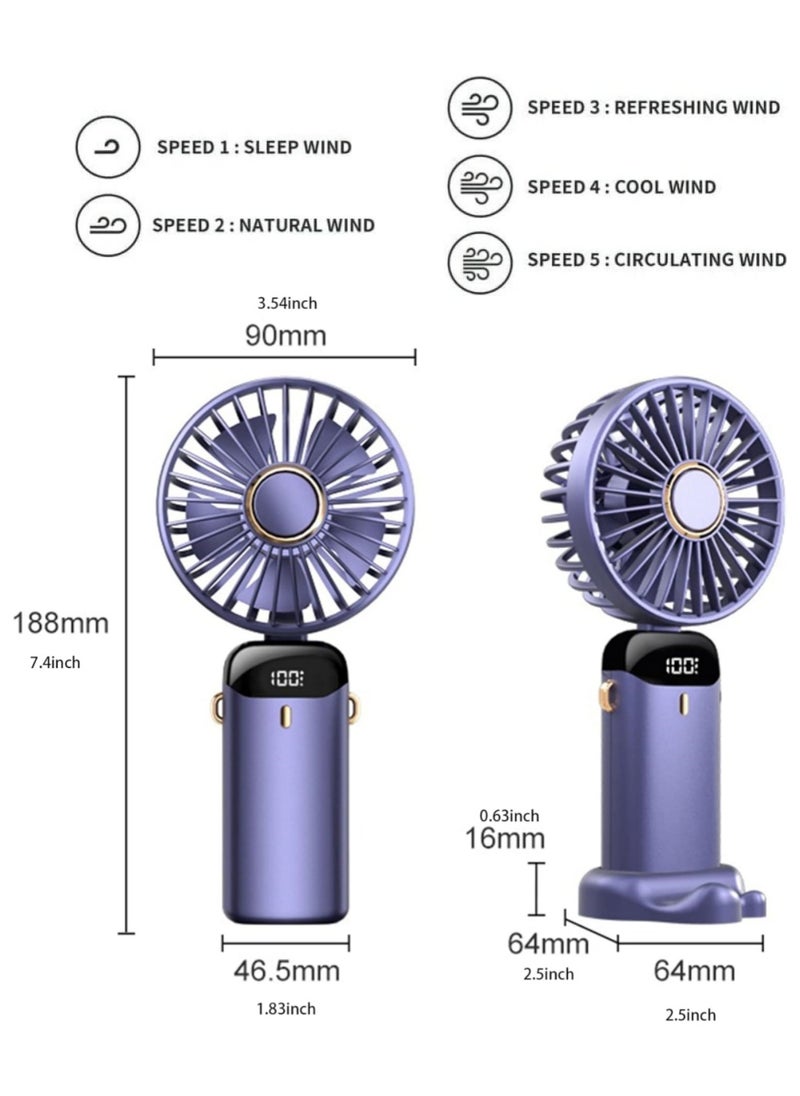 Portable Handheld Fan, 6000mAh USB Rechargeable Personal Fan, 5 Speeds 90° Foldable Mini Desk Fan with Led Digital Display, Multi-Function USB Fan for Outdoor Indoor