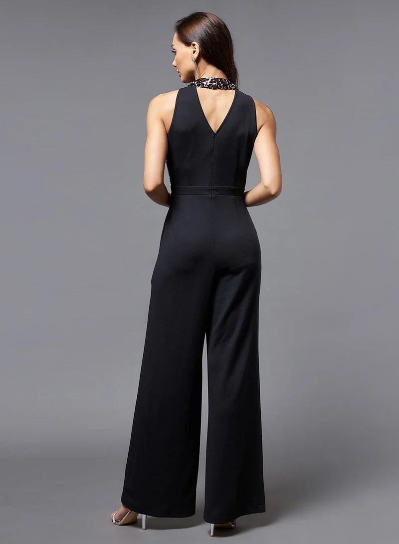 Miss Chase  Black Sequined Mesh Insert Jumpsuit for Women | Best Price UAE