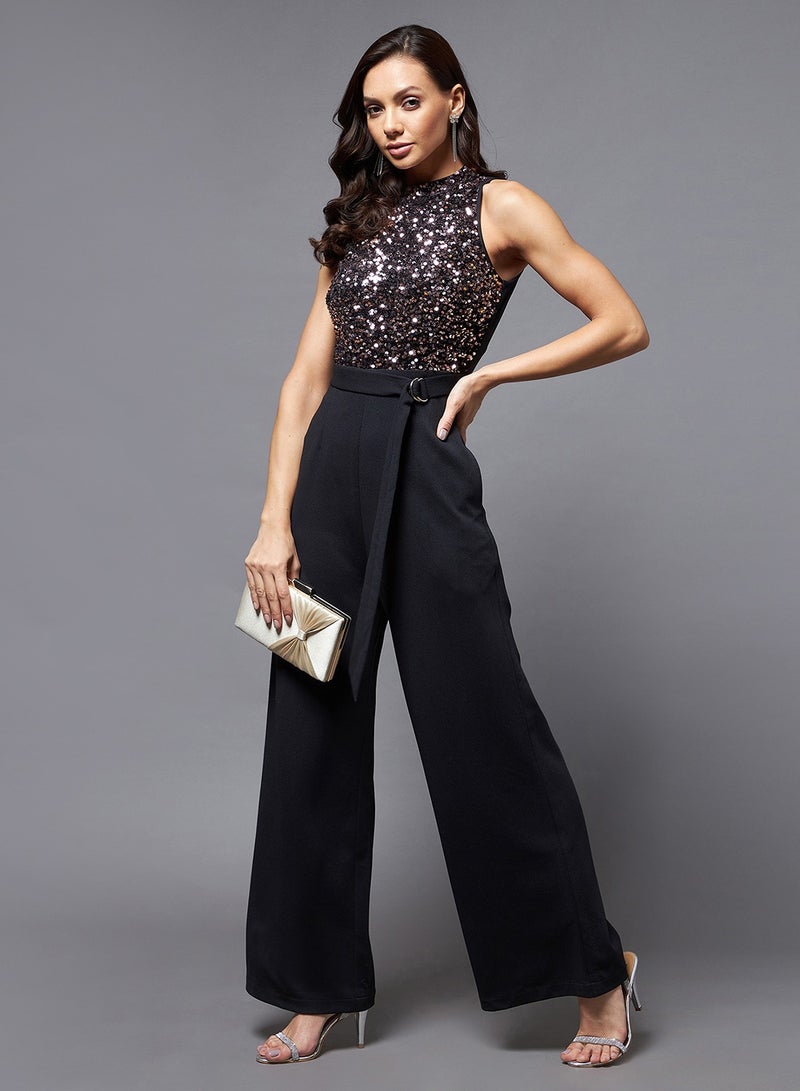 Miss Chase Black Sequined Mesh Insert Jumpsuit - Image 1