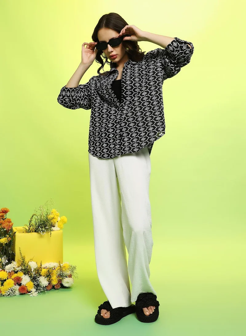 Pinacolada  Women's Obsidian Black Embroidered Geometric Oversized Shirt for Women | Best Price UAE