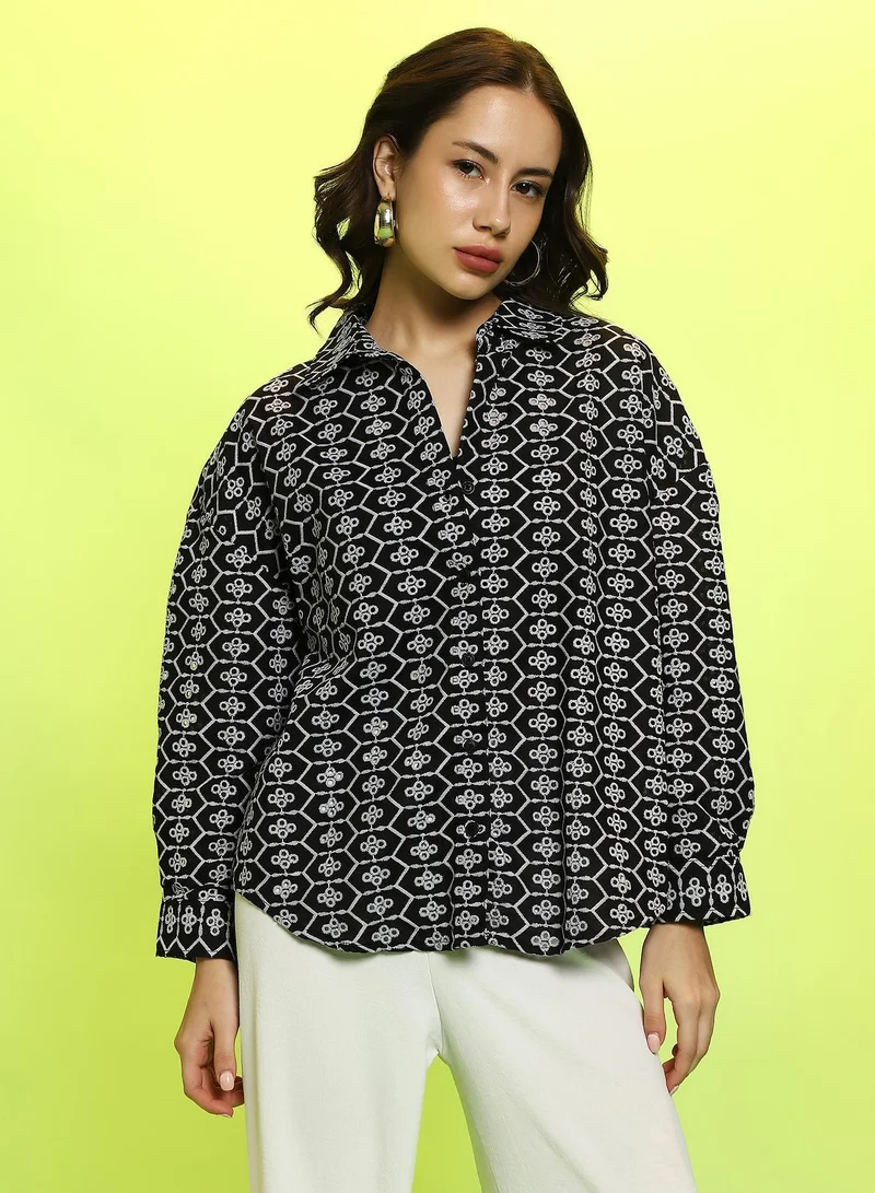 Women's Obsidian Black Embroidered Geometric Oversized Shirt
