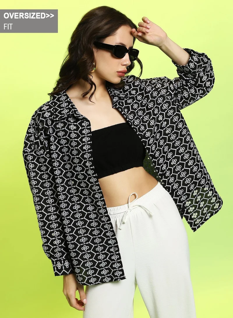 Pinacolada  Women's Obsidian Black Embroidered Geometric Oversized Shirt for Women | Best Price UAE