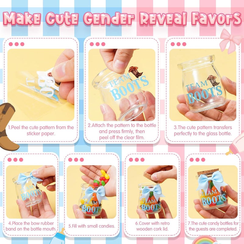 Funnymoom 24 Sets Baby Shower Bottles Favors for Guests Glass 100 ml Milk Jar with Ribbons and Stickers Decorations for Gender Reveal Newborn Centerpiece Party Favor(Pink & Blue,Team Bows & Boots) - Image 5