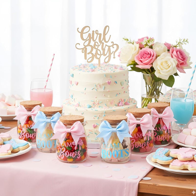 Funnymoom 24 Sets Baby Shower Bottles Favors for Guests Glass 100 ml Milk Jar with Ribbons and Stickers Decorations for Gender Reveal Newborn Centerpiece Party Favor(Pink & Blue,Team Bows & Boots) - Image 2