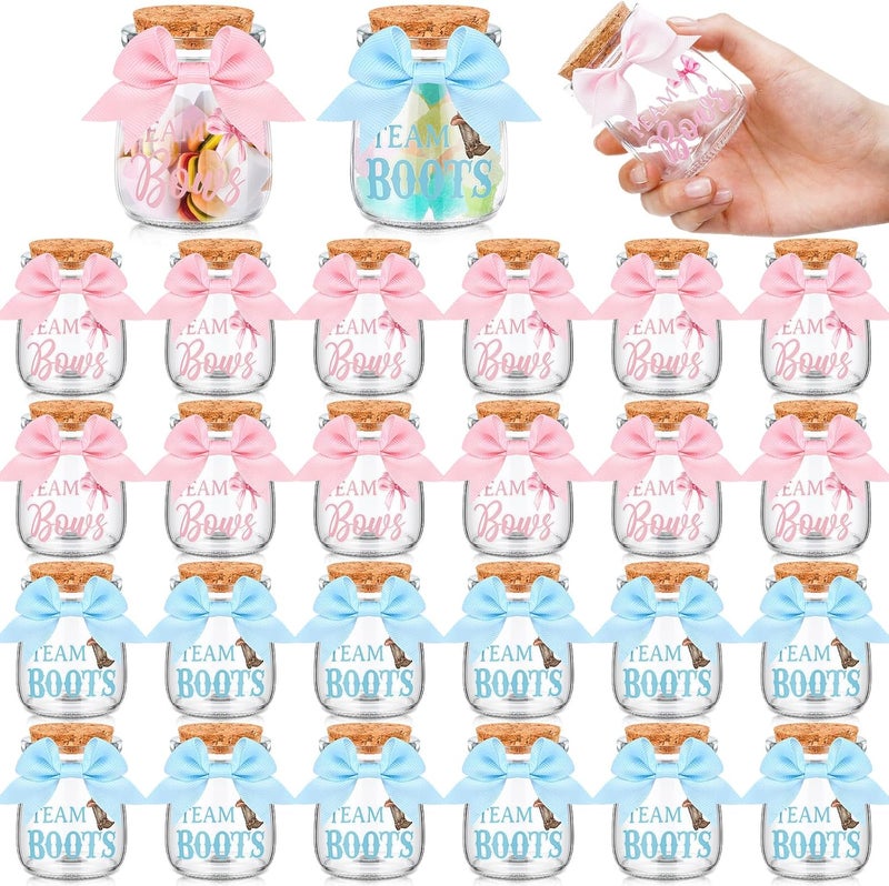 Funnymoom 24 Sets Baby Shower Bottles Favors for Guests Glass 100 ml Milk Jar with Ribbons and Stickers Decorations for Gender Reveal Newborn Centerpiece Party Favor(Pink & Blue,Team Bows & Boots) - Image 1