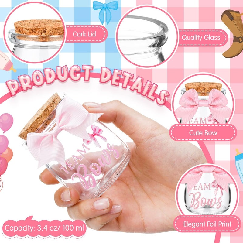 Funnymoom 24 Sets Baby Shower Bottles Favors for Guests Glass 100 ml Milk Jar with Ribbons and Stickers Decorations for Gender Reveal Newborn Centerpiece Party Favor(Pink & Blue,Team Bows & Boots) - Image 4