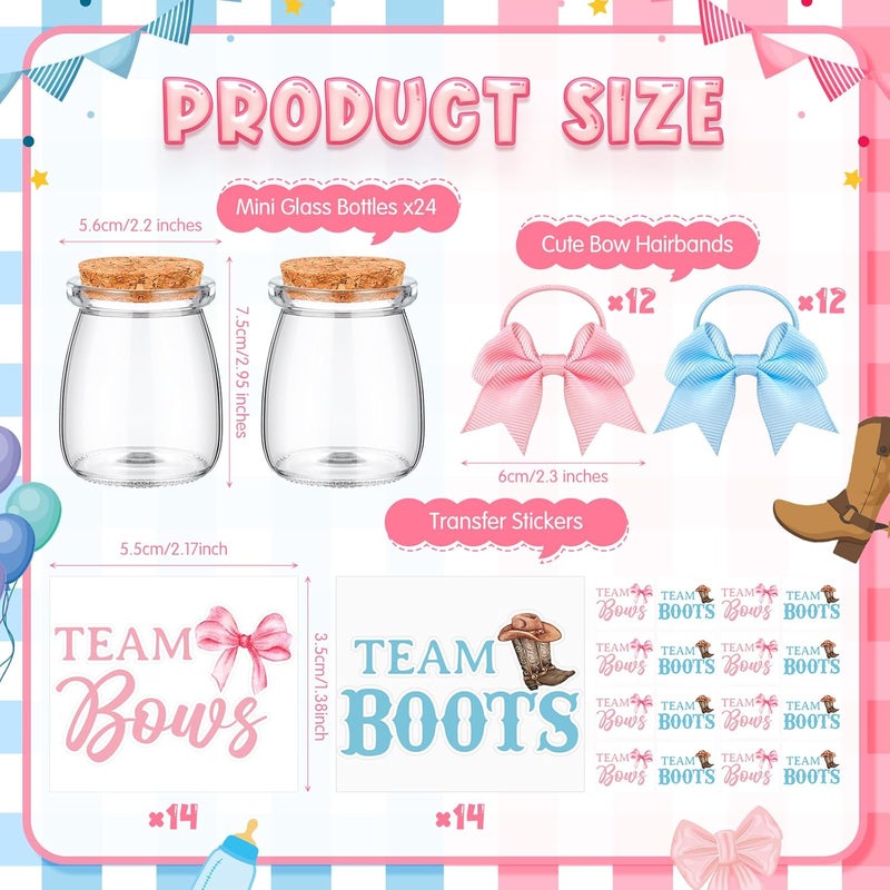 Funnymoom 24 Sets Baby Shower Bottles Favors for Guests Glass 100 ml Milk Jar with Ribbons and Stickers Decorations for Gender Reveal Newborn Centerpiece Party Favor(Pink & Blue,Team Bows & Boots) - Image 3