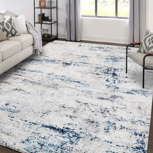 Area Rug Living Room Rugs 8x10 Large Soft Indoor Carpet Modern Abstract Rug with Non Slip Rubber Backing for Under Dining Table Nursery Home Office Bedroom White Gray Blue