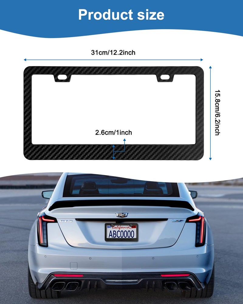 FBJTDQ Carbon Fiber License Plate Frames- Black Plastic Car Tag Holder, 2 Pack 2 Hole Front Rear Bracket with Screw Caps and Car Door Handle Stickers - Image 2